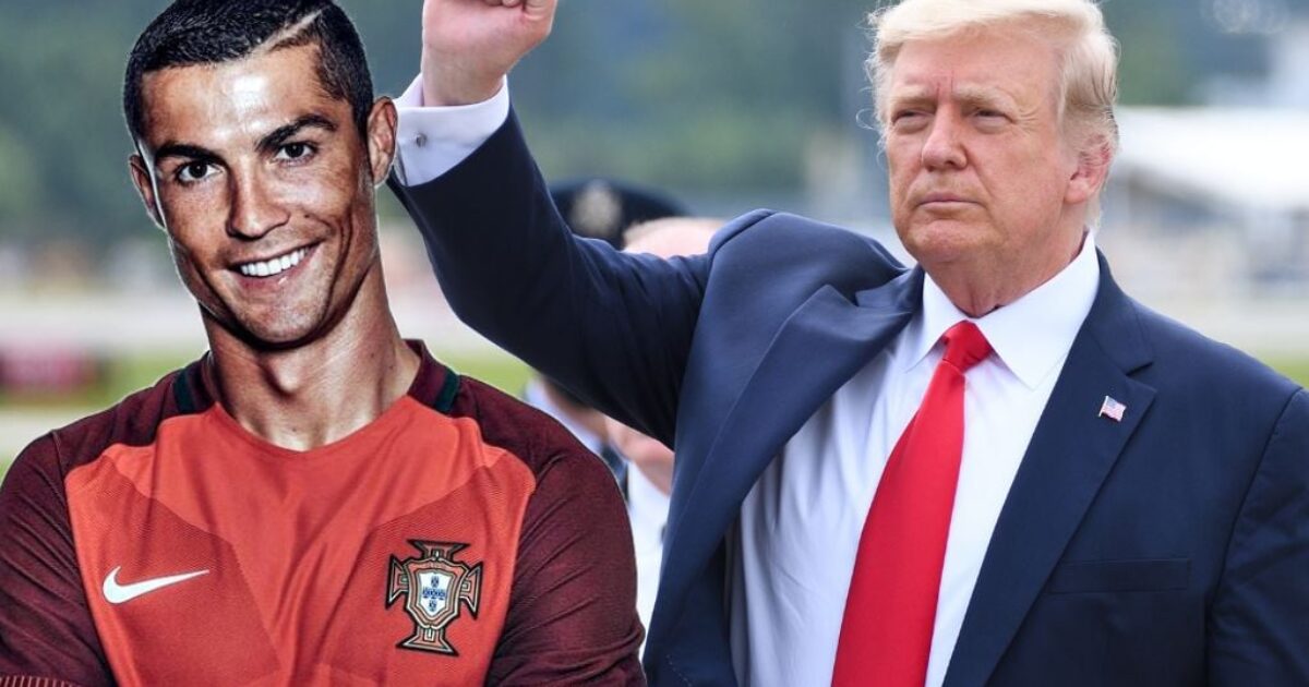 Image features a split view of Cristiano Ronaldo in a Portugal soccer jersey and Donald Trump raising his fist, symbolizing sports and politics.