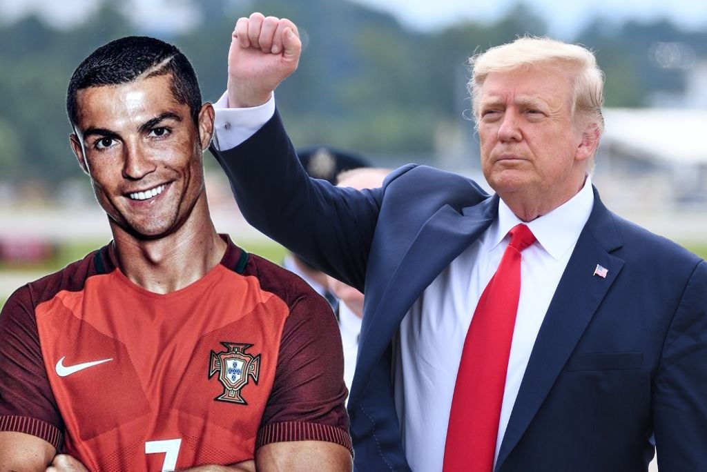 Image features a split view of Cristiano Ronaldo in a Portugal soccer jersey and Donald Trump raising his fist, symbolizing sports and politics.