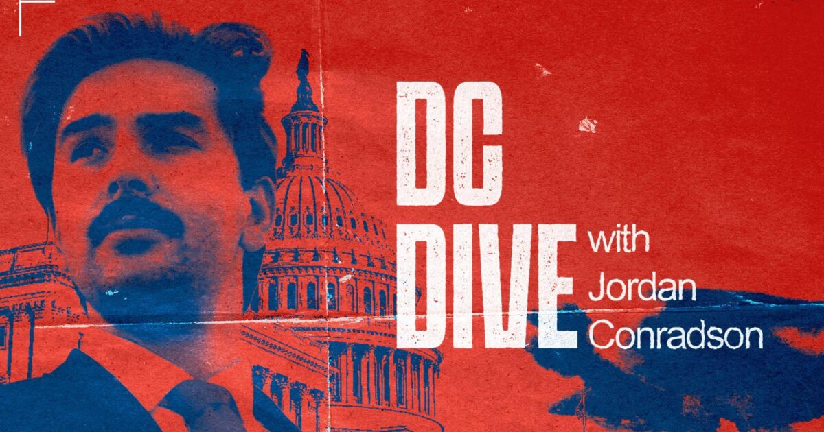 Promotional graphic for the podcast "DC Dive" featuring Jordan Conradsen with the U.S. Capitol building in the background and a red and blue color scheme.