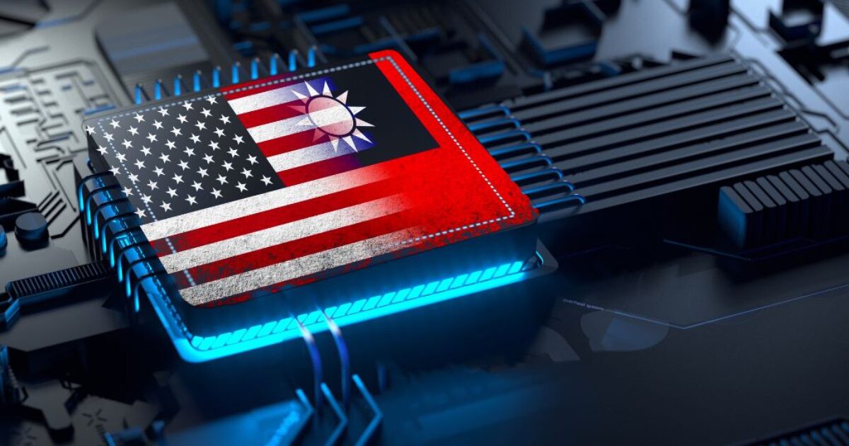 Microchip featuring the flags of the United States and Taiwan, symbolizing technological collaboration and innovation.