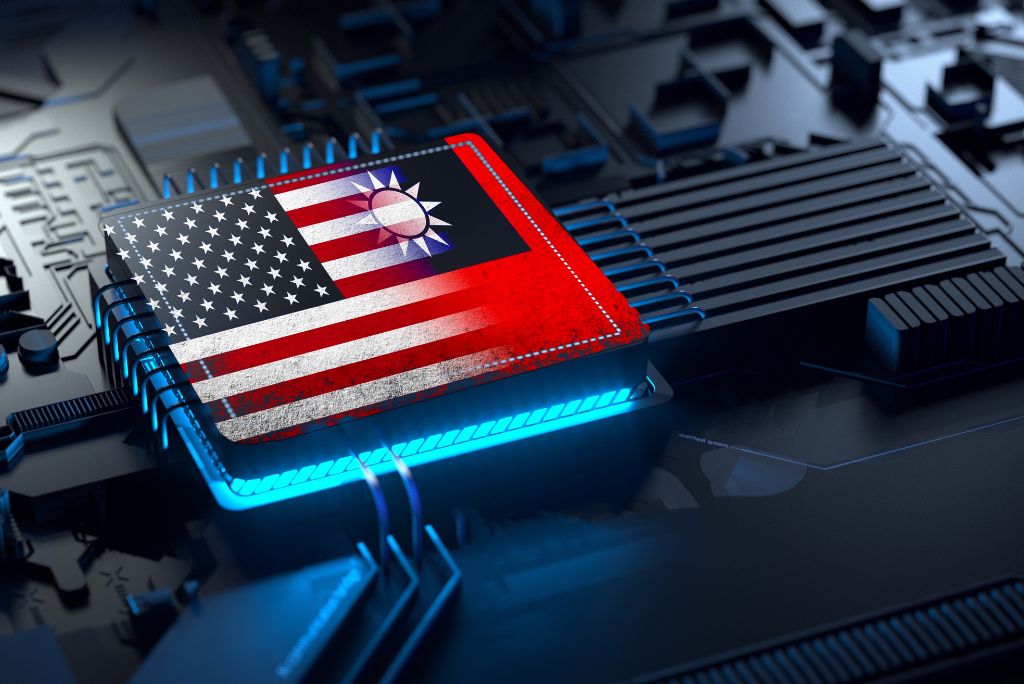 Microchip featuring the flags of the United States and Taiwan, symbolizing technological collaboration and innovation.