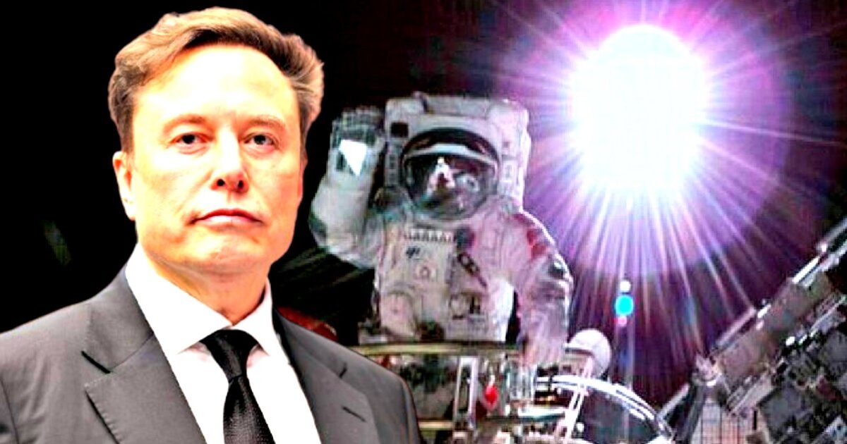 Elon Musk stands in the foreground with an astronaut in space behind him, highlighting advancements in space exploration and technology.