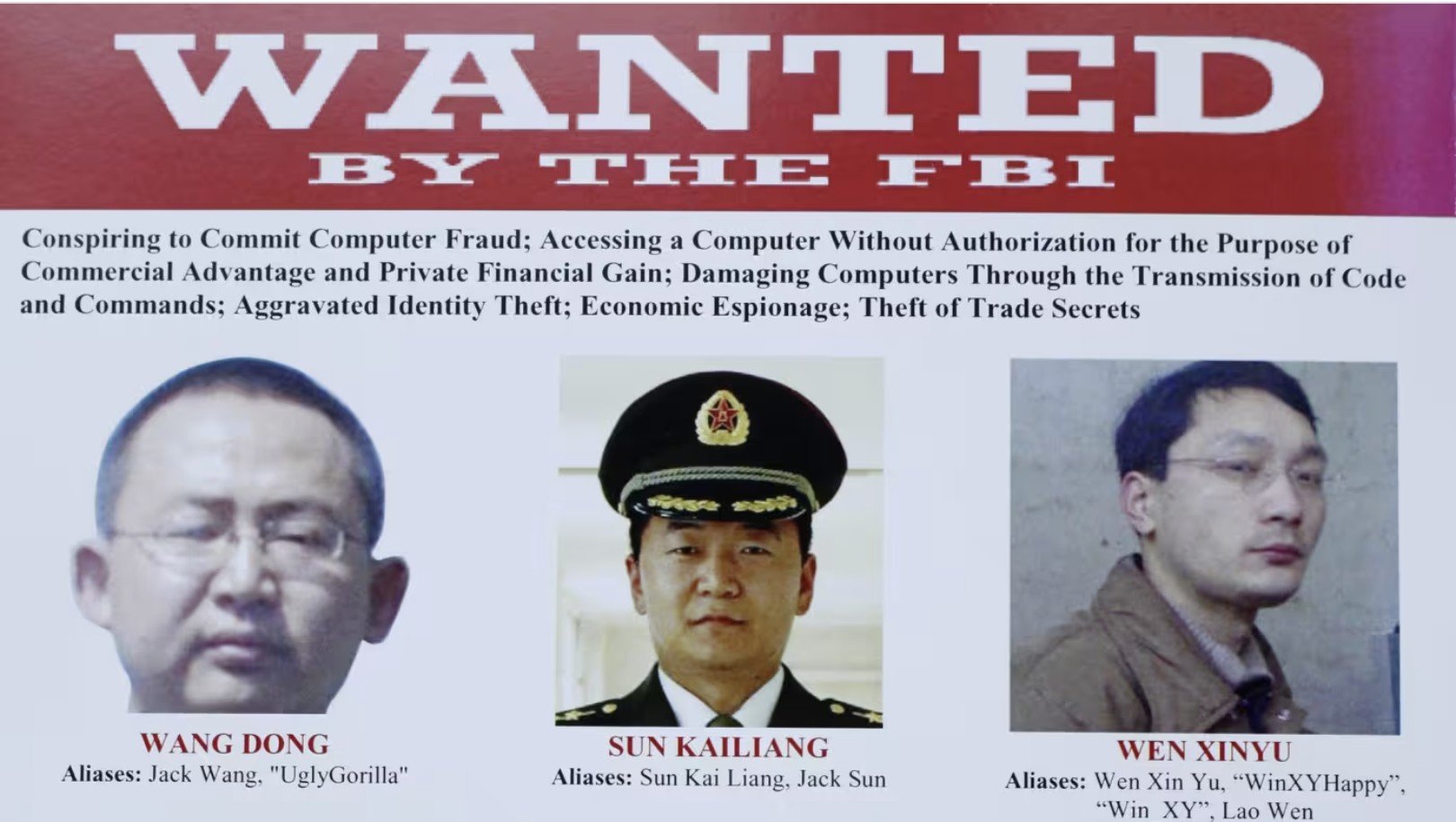 FBI wanted poster featuring individuals involved in computer fraud, identity theft, and economic espionage, including Wang Dong, Sun Kailiang, and Wen Xinyu.