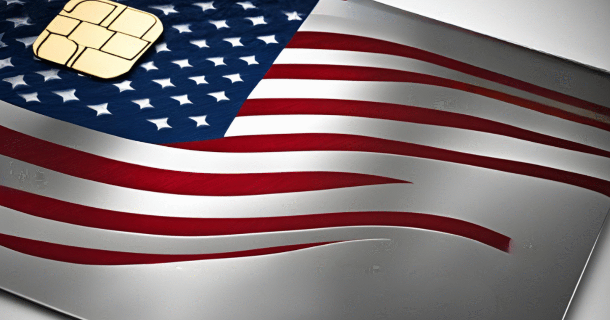 SIM card on a background of the American flag, symbolizing mobile connectivity and patriotism in the United States.