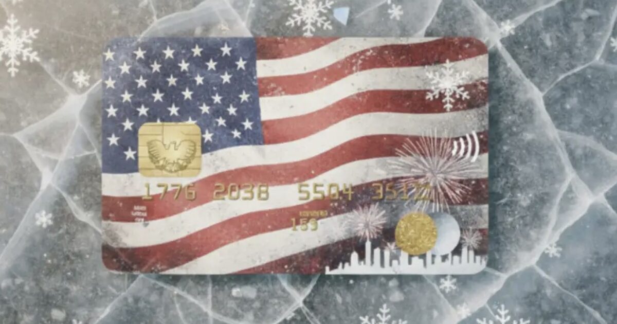 Credit card featuring the American flag design, surrounded by snowflakes and festive elements, set against a textured icy background.