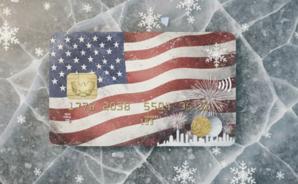 Credit card featuring the American flag design, surrounded by snowflakes and festive elements, set against a textured icy background.