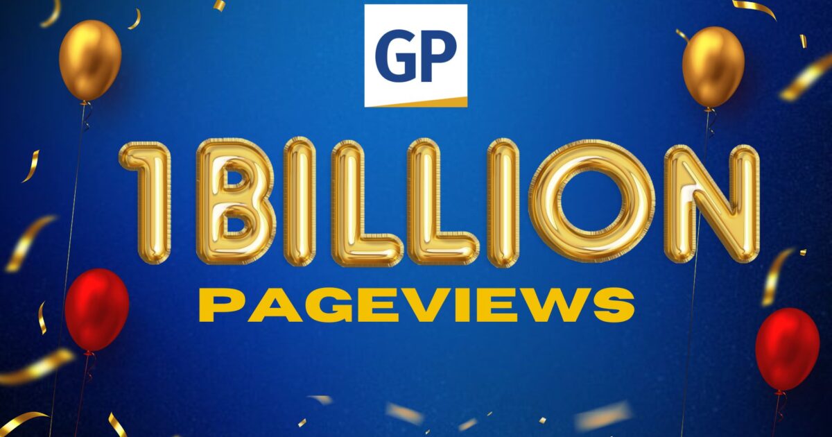 Gold balloon letters celebrate 1 billion pageviews for GP, set against a blue background with festive balloons and confetti.