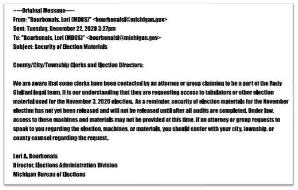 Email from Michigan Bureau of Elections discussing access to election materials and security concerns related to the November 3, 2020 election.