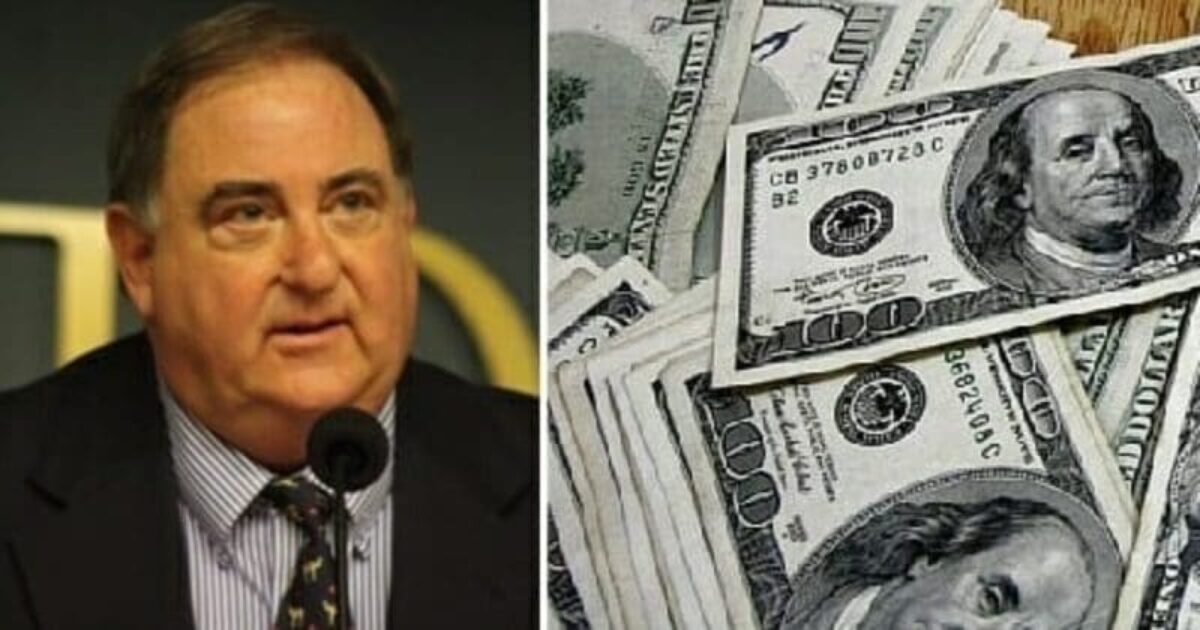 Image of a businessman speaking at a podium alongside a close-up of U.S. hundred-dollar bills, symbolizing finance and economic discussions.