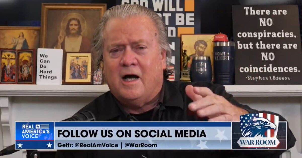 Steve Bannon speaking passionately in a studio setting with religious icons and motivational signs in the background, promoting social media engagement.