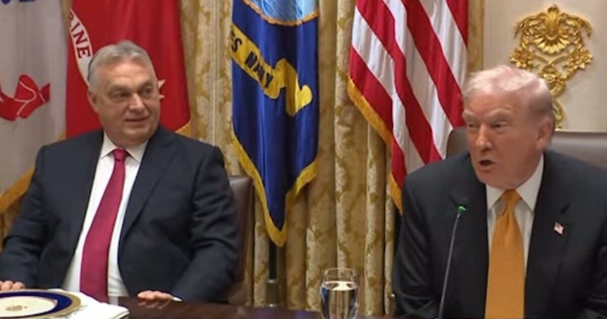 Former President Donald Trump speaks during a meeting with Hungarian Prime Minister Viktor Orbán, with American flags and military insignia in the background.
