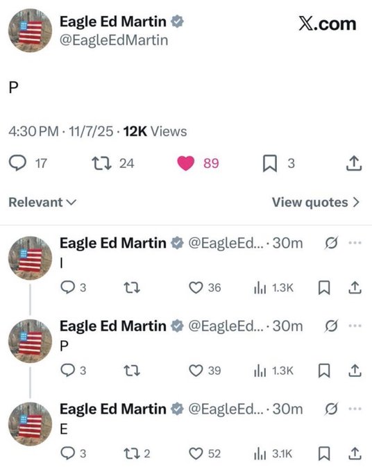 Tweet by Eagle Ed Martin showing a series of messages with the letters P, I, and E, indicating social media engagement with 12K views.