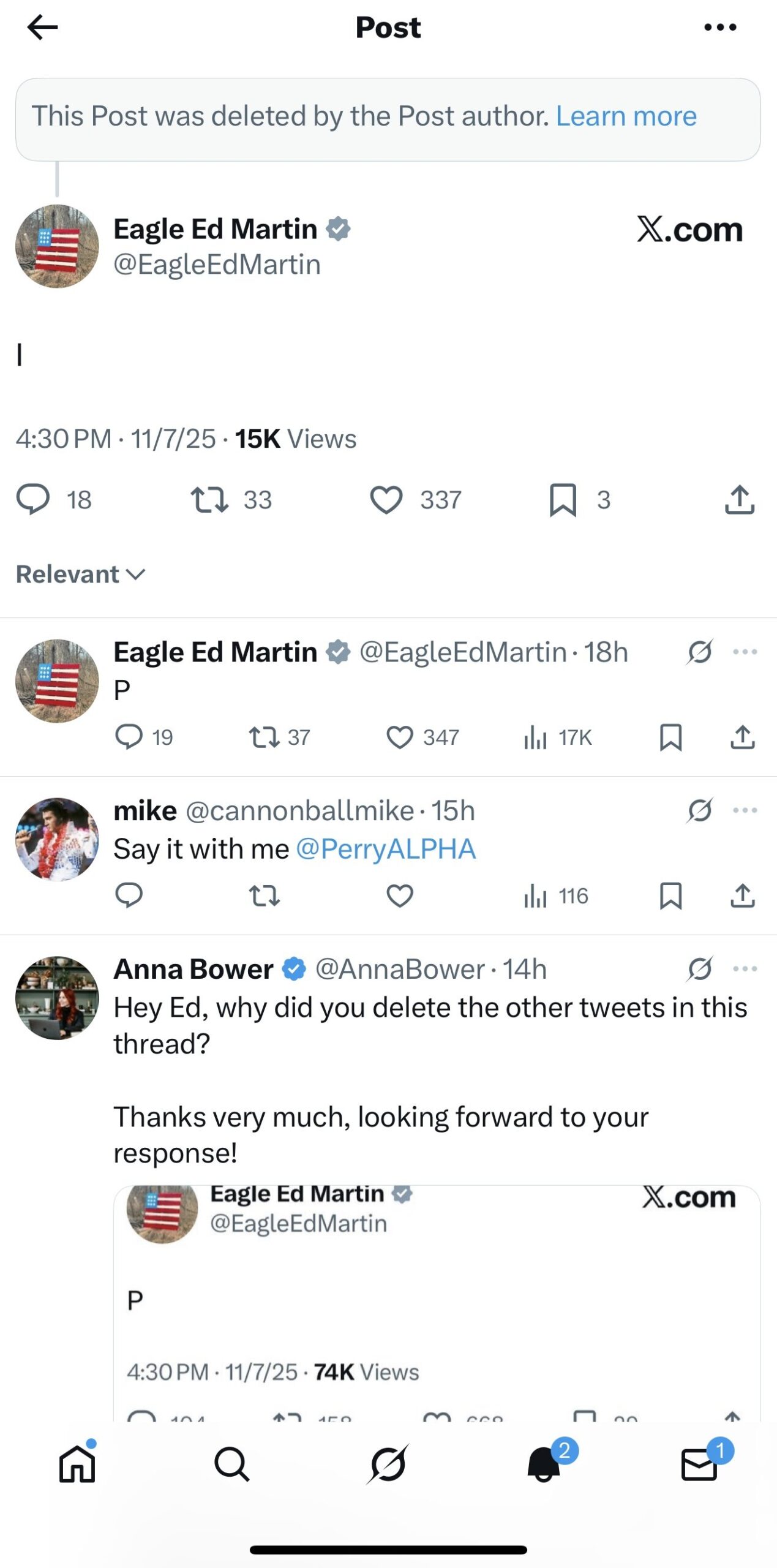 Screenshot of a deleted tweet by Eagle Ed Martin, showing engagement metrics and replies from other users discussing the tweet's deletion.