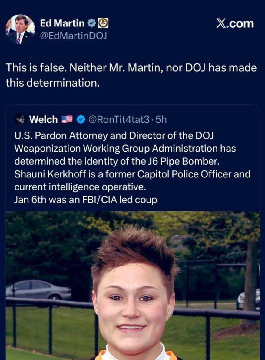 Social media post featuring Ed Martin disputing claims about the identity of the J6 Pipe Bomber, referencing a tweet regarding a former Capitol Police Officer.