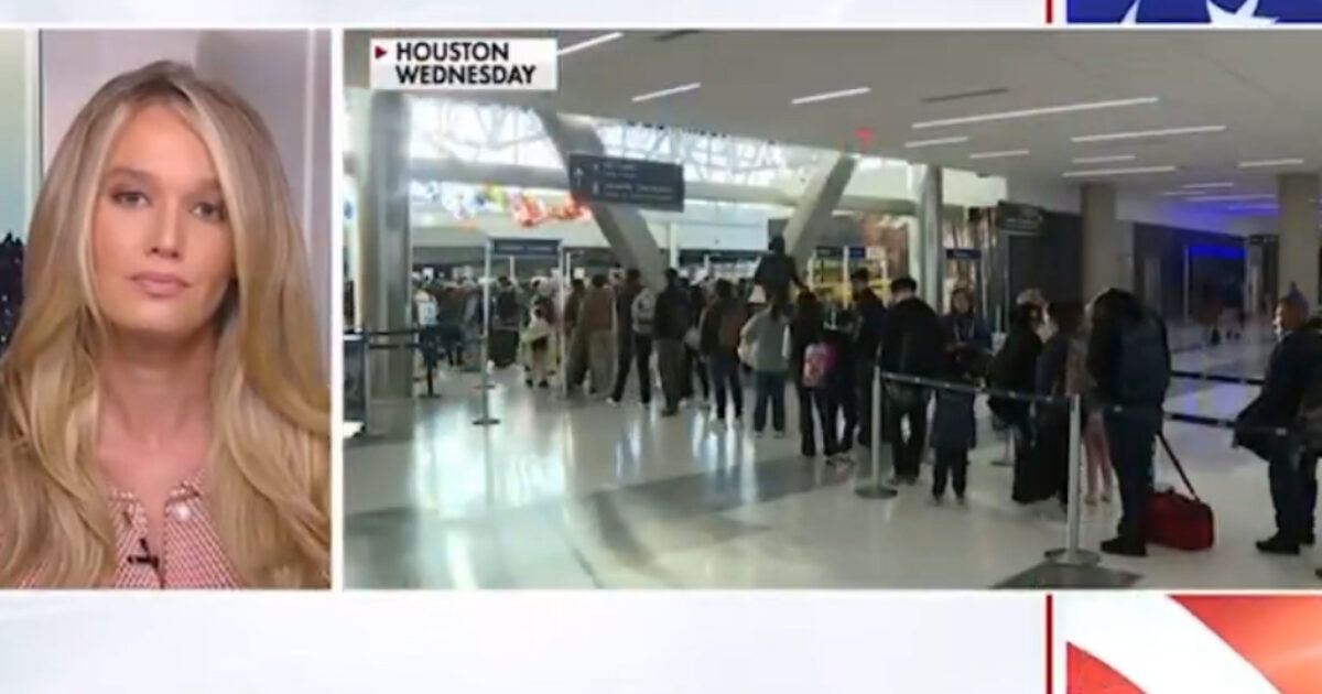 News segment featuring a reporter alongside a busy airport terminal in Houston with travelers waiting in line.