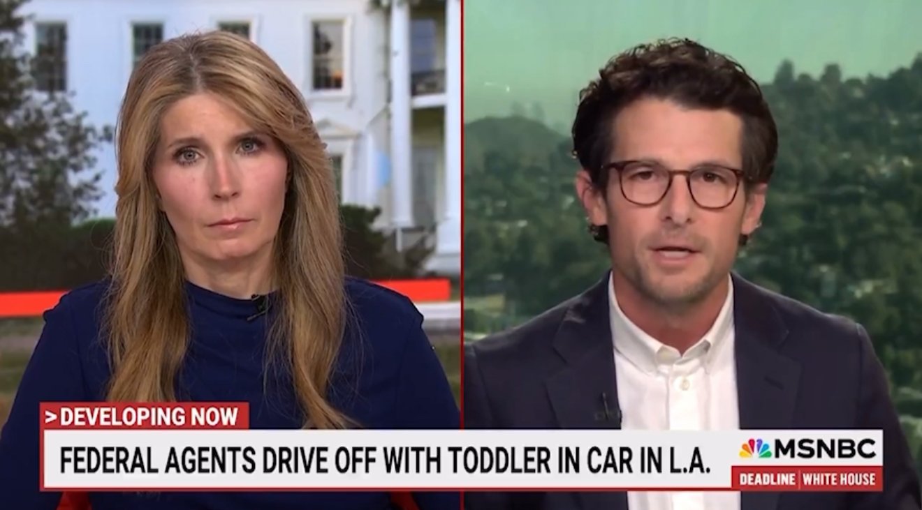 News segment discussing federal agents involved in a controversial incident with a toddler in Los Angeles, featuring two journalists sharing insights.