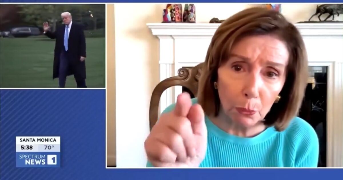 Nancy Pelosi gestures while discussing political issues, with a split-screen image of Donald Trump waving in the background.