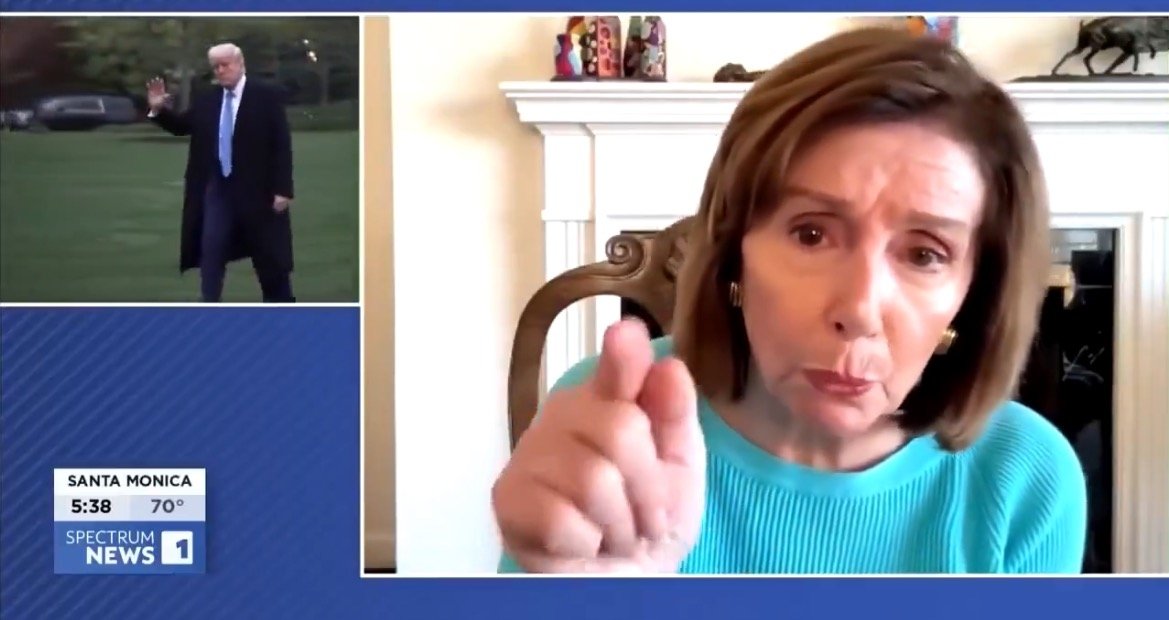 Nancy Pelosi gestures while discussing political issues, with a split-screen image of Donald Trump waving in the background.