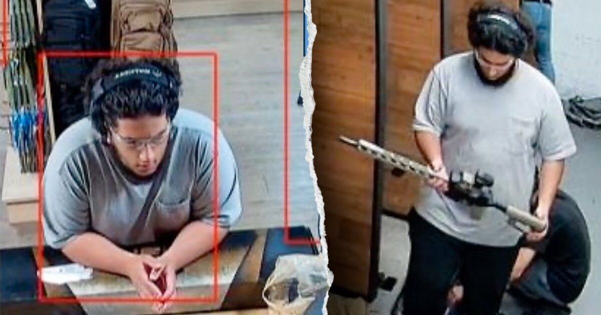 Surveillance image showing a person with headphones at a desk and another individual holding a firearm in a store setting.