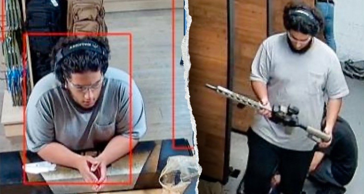 Surveillance image showing a person with headphones at a desk and another individual holding a firearm in a store setting.