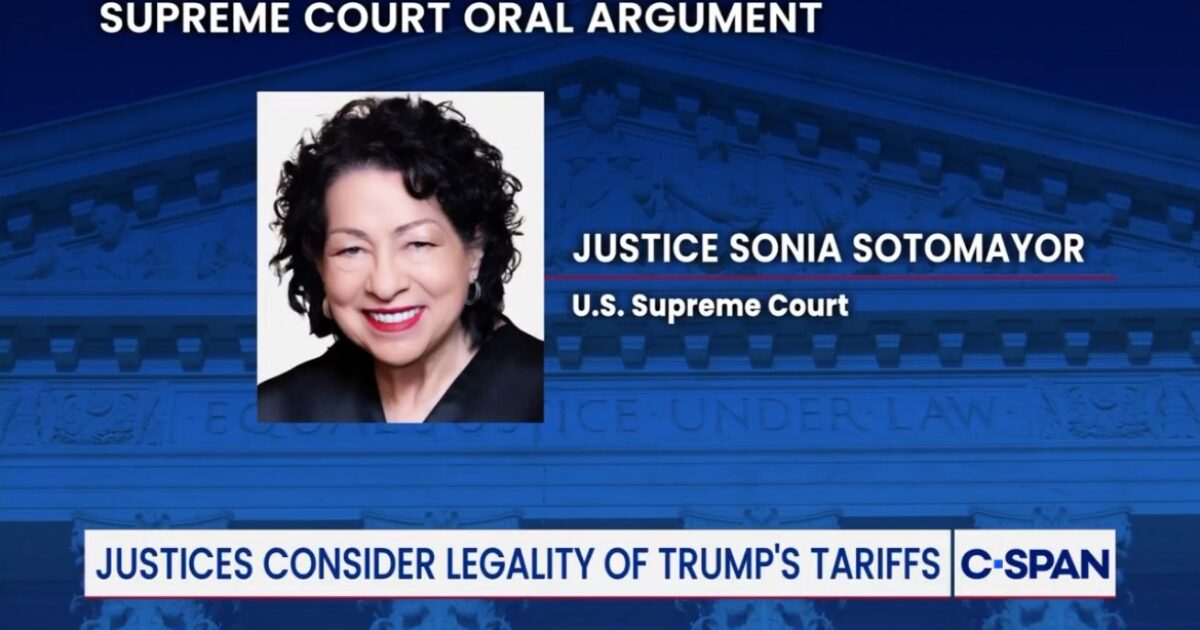 Justice Sonia Sotomayor participates in a Supreme Court oral argument regarding the legality of Trump's tariffs, with the court building in the background.