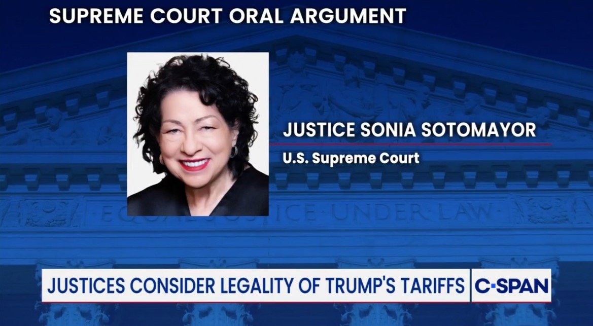 Justice Sonia Sotomayor participates in a Supreme Court oral argument regarding the legality of Trump's tariffs, with the court building in the background.