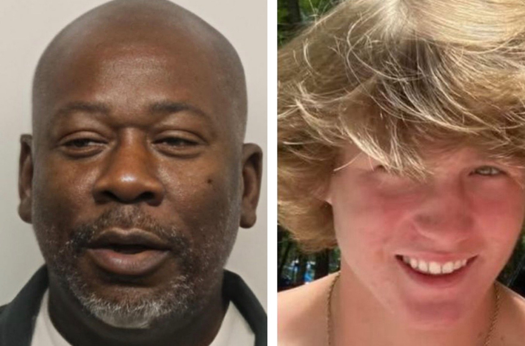 Photo featuring two individuals side by side, one with a bald head and beard, the other with blonde hair and a bright smile.