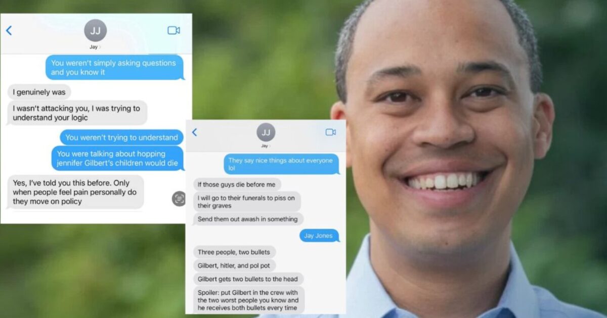 Person smiling outdoors with text message conversation displayed, discussing personal feelings and opinions about others, highlighting emotional responses and humor.