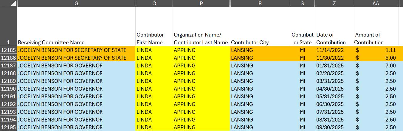 Spreadsheet showing campaign contribution data for Jocelyn Benson, including contributor names, cities, and contribution amounts from 2022 to 2025.