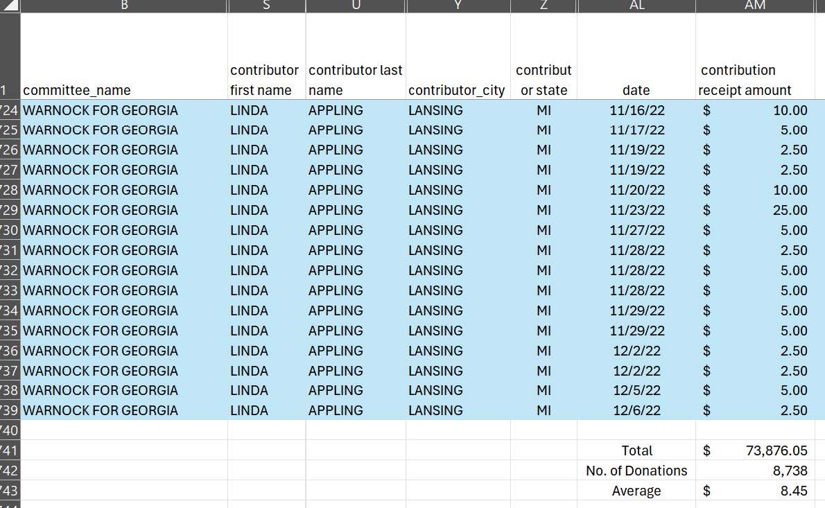 Spreadsheet displaying donation records for the "Warnock for Georgia" campaign, including contributor details, dates, and amounts in Michigan.