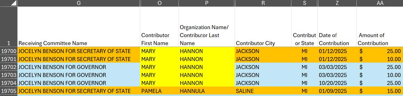 Spreadsheet showing contributions to Jocelyn Benson's campaign for Secretary of State and Governor, including contributor names, cities, dates, and amounts.