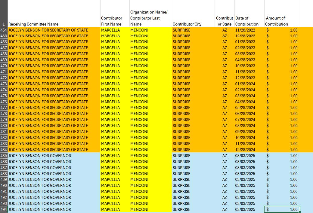 Spreadsheet showing contributions to Jocelyn Benson's campaign for Secretary of State, detailing contributor names, cities, dates, and amounts from Surprise, Arizona.