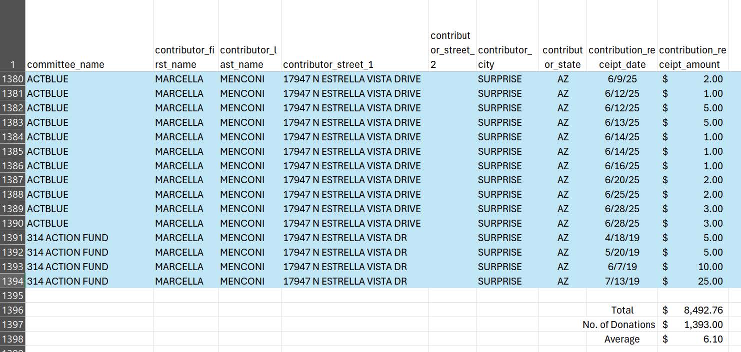 Spreadsheet displaying donation records for ACTBLUE and 314 ACTION FUND, including contributor names, addresses, dates, and amounts.