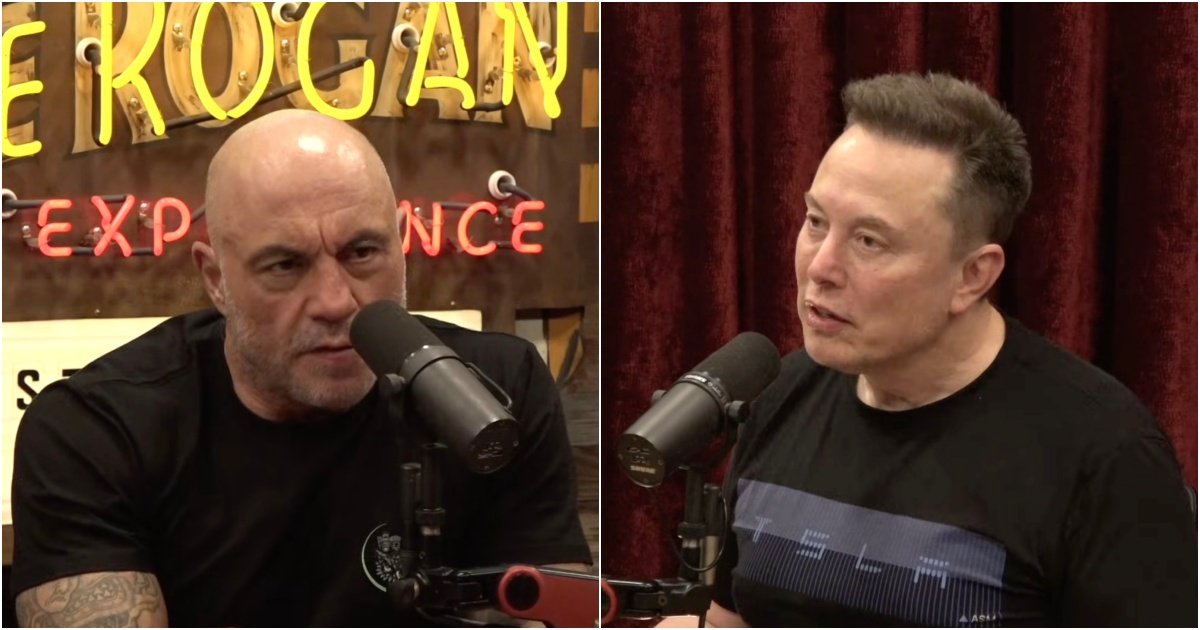 Joe Rogan and Elon Musk engage in a discussion on the Joe Rogan Experience podcast, featuring microphones and a vibrant backdrop.