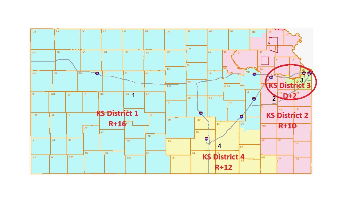 Map of Kansas showing electoral districts with color coding, including KS Districts 1, 2, 3, and 4, along with their political leanings indicated.
