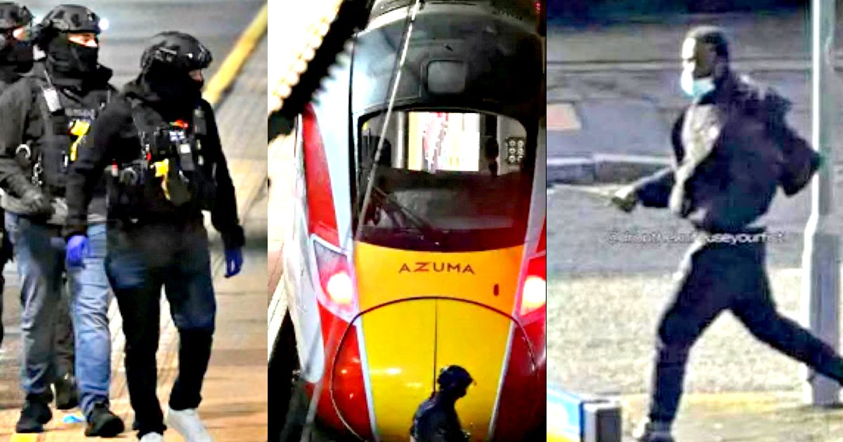 Police in tactical gear near an Azuma train while a person in black walks by, highlighting a security operation at a transportation hub.