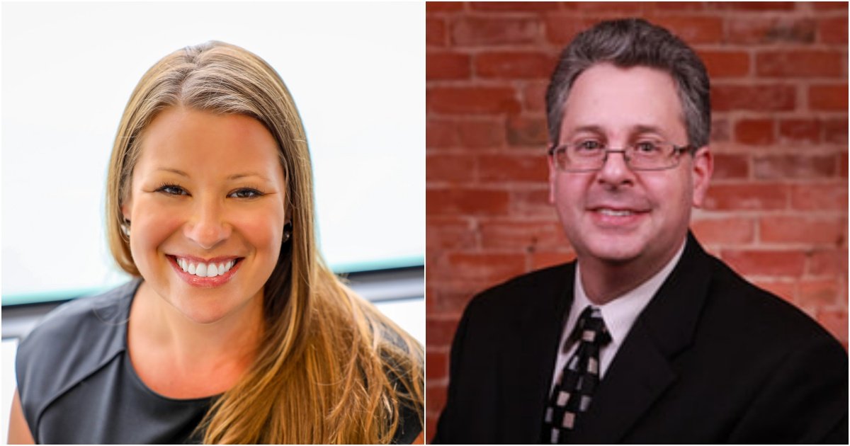 Headshots of a smiling woman in a black outfit and a man in a suit against a brick background, suitable for professional profiles or business contexts.