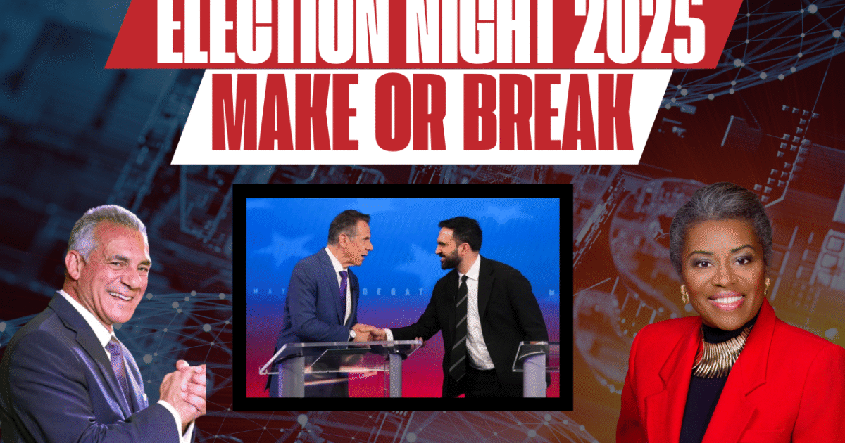Election Night 2025 graphic featuring candidates debating, highlighting key moments and the theme "Make or Break" for their political futures.