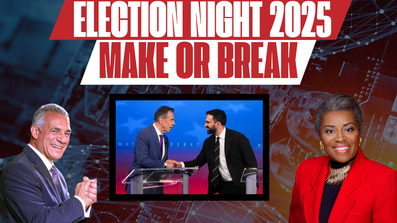Election Night 2025 graphic featuring candidates debating, highlighting key moments and the theme "Make or Break" for their political futures.