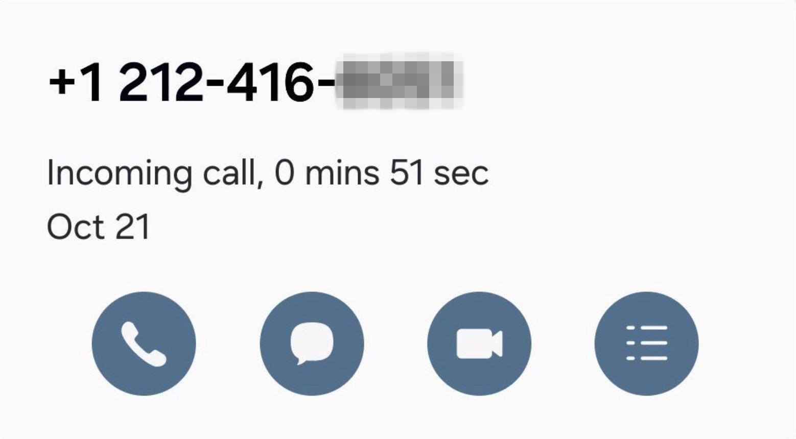 Incoming call screen showing a phone number, duration of 51 seconds, and date of October 21, with options for call, message, video, and menu.