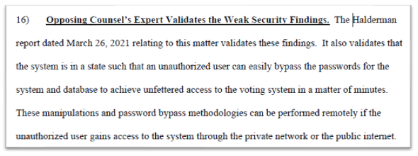 Document discussing vulnerabilities in voting system security, highlighting unauthorized access risks and password bypass methods detailed in a report dated March 26, 2021.