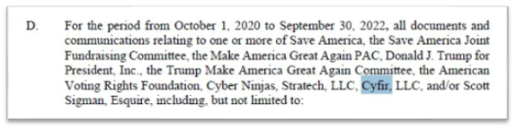 Legal document excerpt detailing communications related to various political organizations and individuals from October 2020 to September 2022.