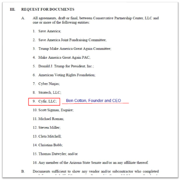 Document listing various entities and individuals, including Cyfir, LLC, and Ben Cotton as Founder and CEO, related to requests for documents.