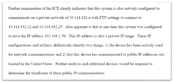 Detailed examination of ICX reveals active configuration for private network communication using specific IP addresses and FTP settings, indicating usage for network communications and public IP interactions.