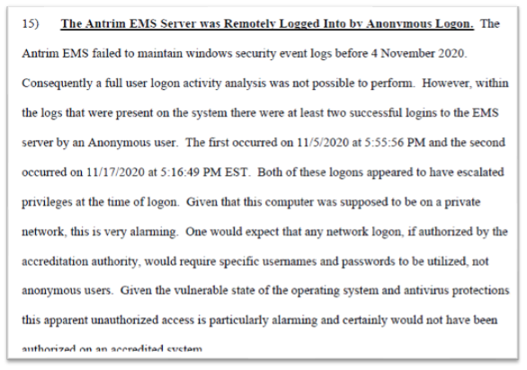 Image of a report detailing unauthorized access to the Antrim EMS server by an anonymous user, highlighting security vulnerabilities and the implications of unmonitored logins.