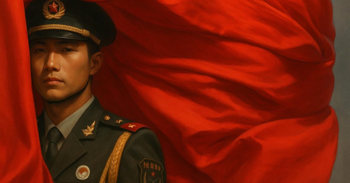 Portrait of a soldier in a military uniform, standing against a flowing red backdrop, symbolizing strength and patriotism.