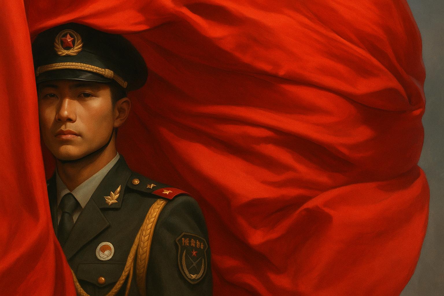 Portrait of a soldier in a military uniform, standing against a flowing red backdrop, symbolizing strength and patriotism.