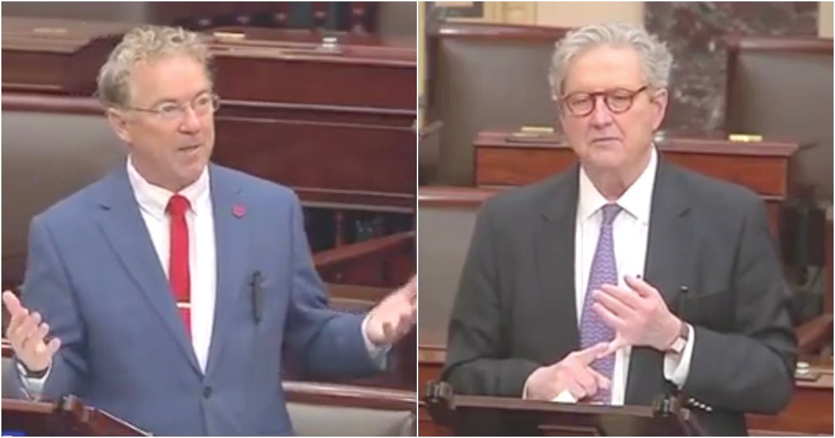 Two U.S. senators engaged in a discussion on the Senate floor, highlighting legislative issues in a formal setting.
