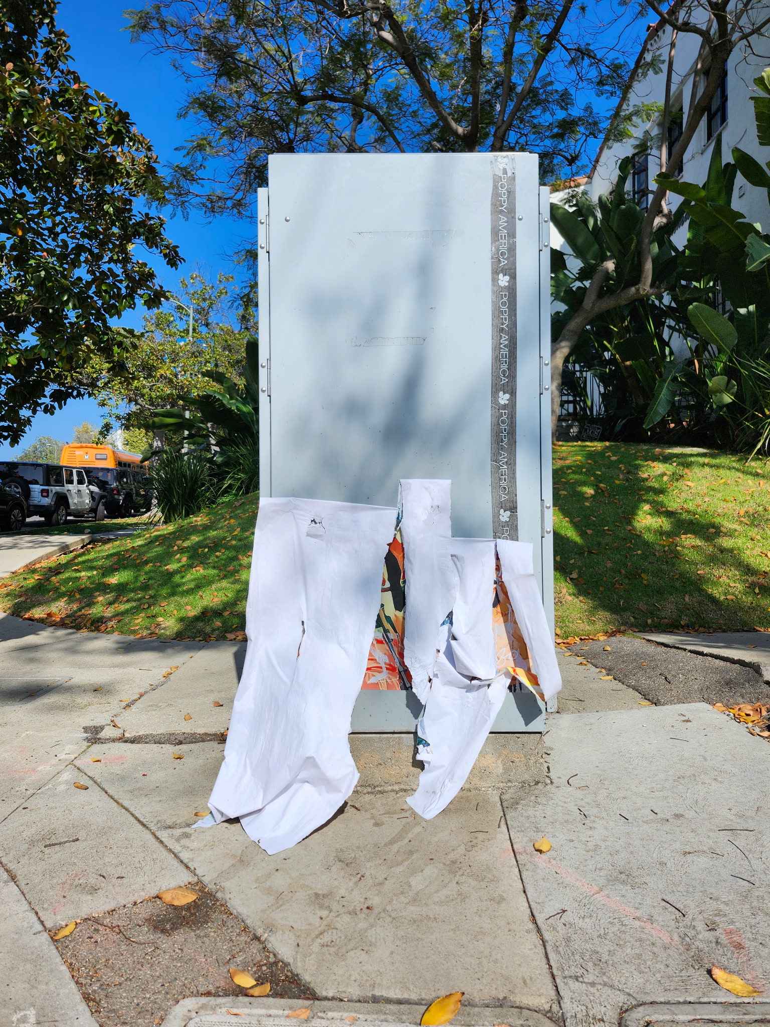 Tattered white fabric hangs from a utility box on a sunny street, surrounded by greenery and fallen leaves.