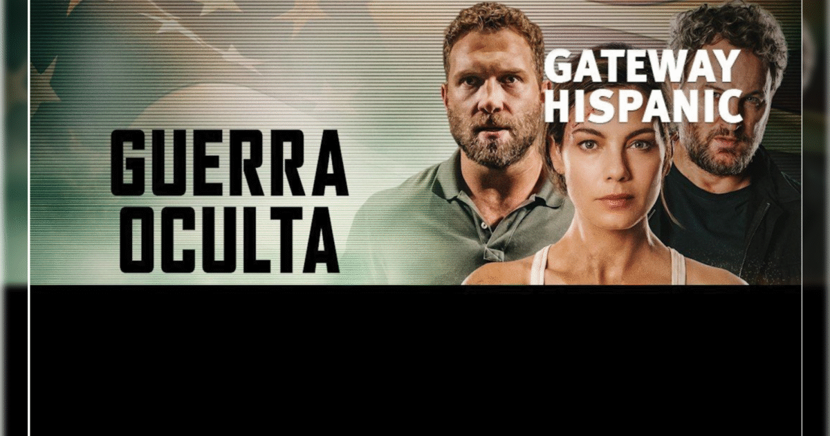 Promotional image for "Guerra Oculta," featuring three main characters against a backdrop of patriotic colors, highlighting its appeal to Hispanic audiences.